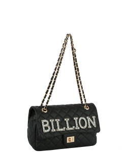Rhinestone "BILLION" Quilted Turn-lock Chain Shoulder Bag QFS0035 BLACK